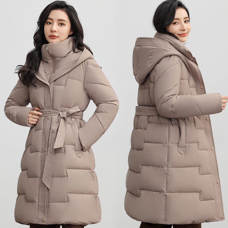 Women's Winter New Waist Trimming Fashion Mid-length Hooded Below-the-knee Coat