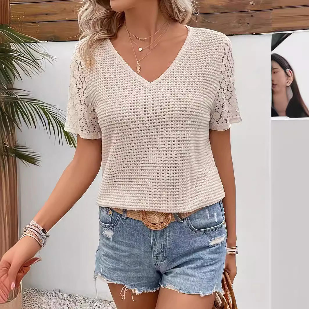 Summer New Lace Stitching Short Sleeve V-neck Short Sleeve