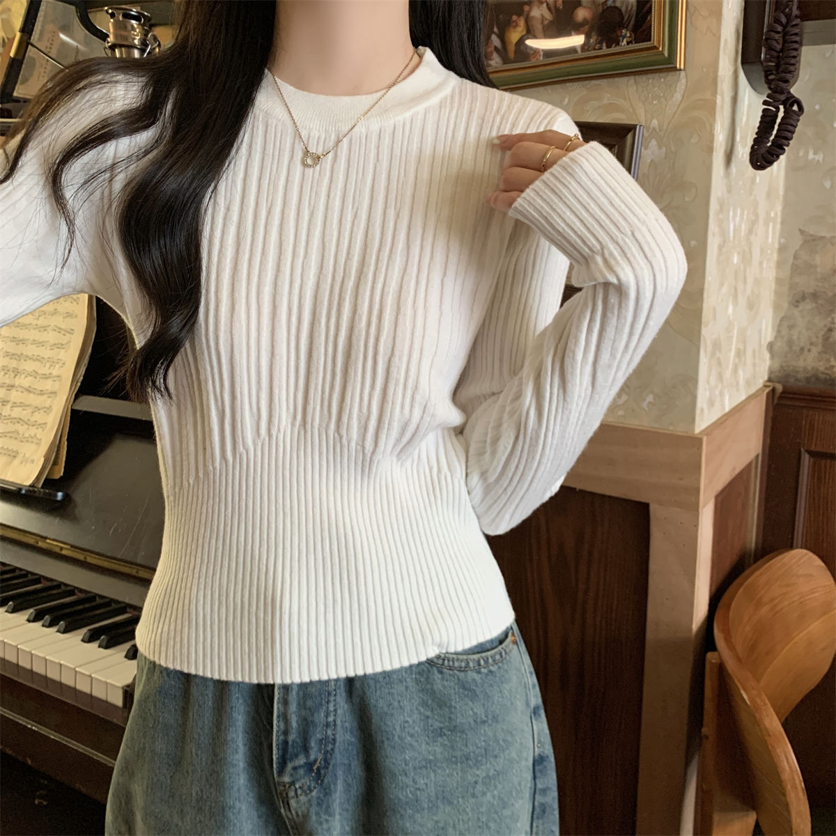 Korean Style Sunken Stripe Round Neck Long Sleeve Sweater