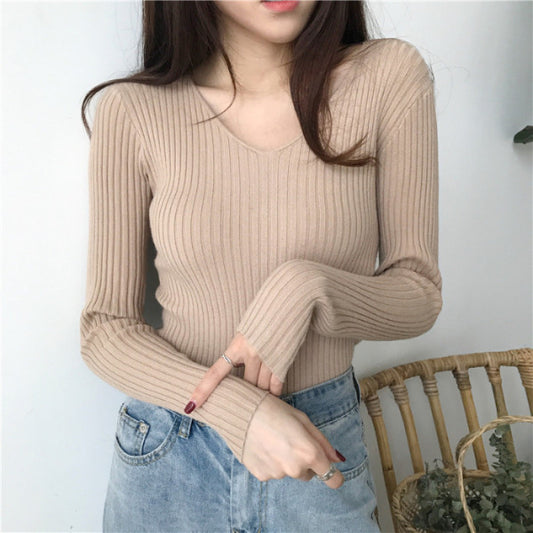 V-neck knitted long sleeve slim warm cardigan sweater