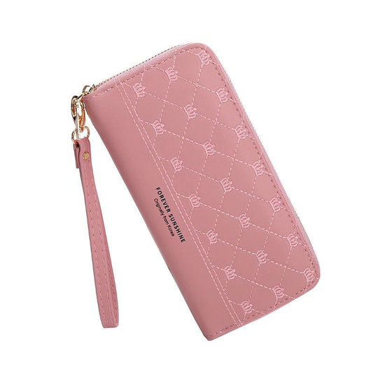 Long Crown Embroidery Thread Single Zip Clutch Wallet Women