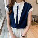 Temperament Contrast Color Small Stand Collar Stitching Short Sleeve Shirt