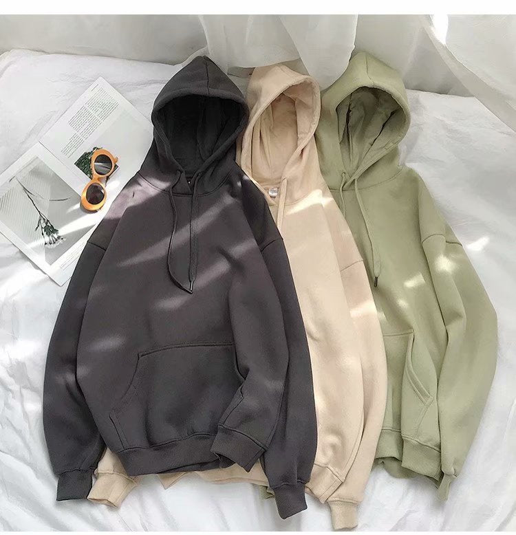 Pure color hooded plus fleece sweater Loose casual sweater