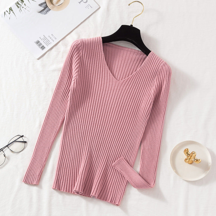 New V-neck Long Sleeve Base Knitting Autumn All-matching Slim Fit Tight Pullover Sweater