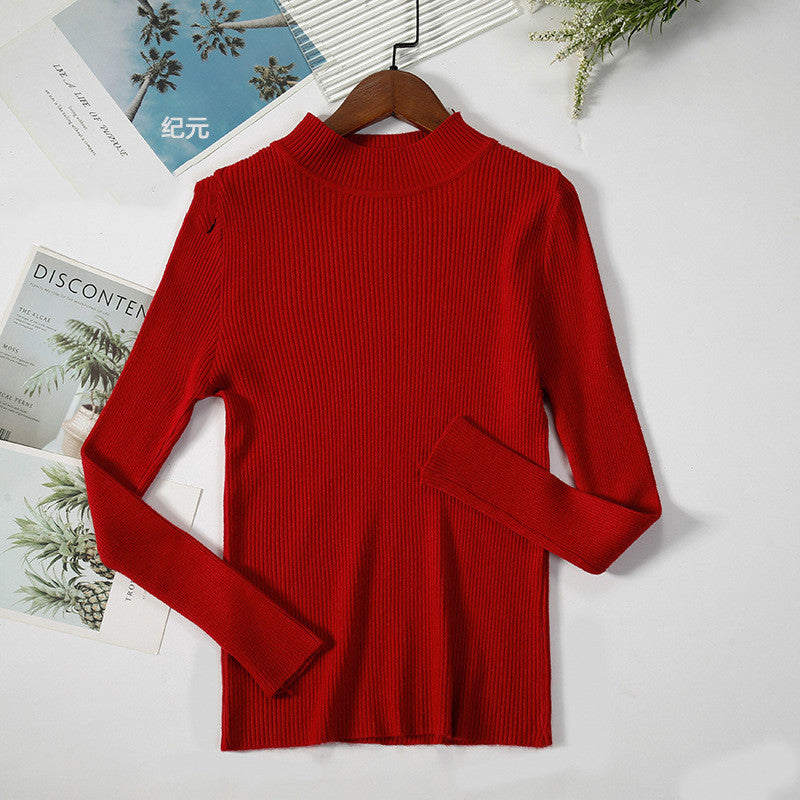 Solid Color Pit Strip Knit Pullover Half Turtleneck Sweater Bottoming Shirt