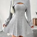 New Fashion Fall Winter Hooded Shawl Long-sleeved Vest Short Skirt Two-piece Set