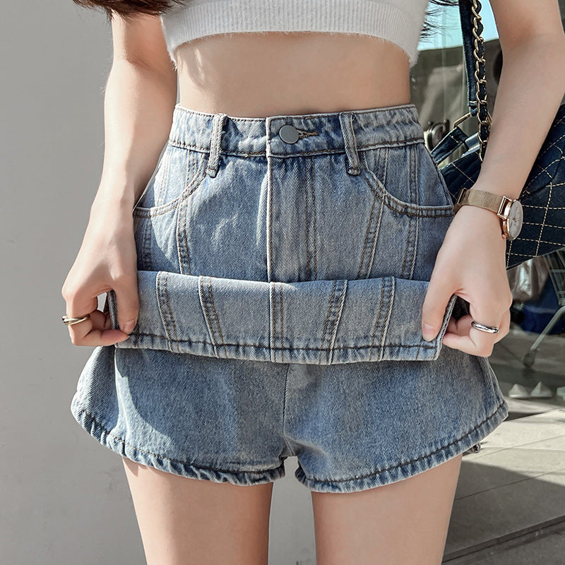 Irregular Stitching Retro High Waisted Denim Skirt