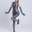 Glossy Silky Double-ended Zipper Over Crotch Bag Feet Sleeveless Jumpsuit