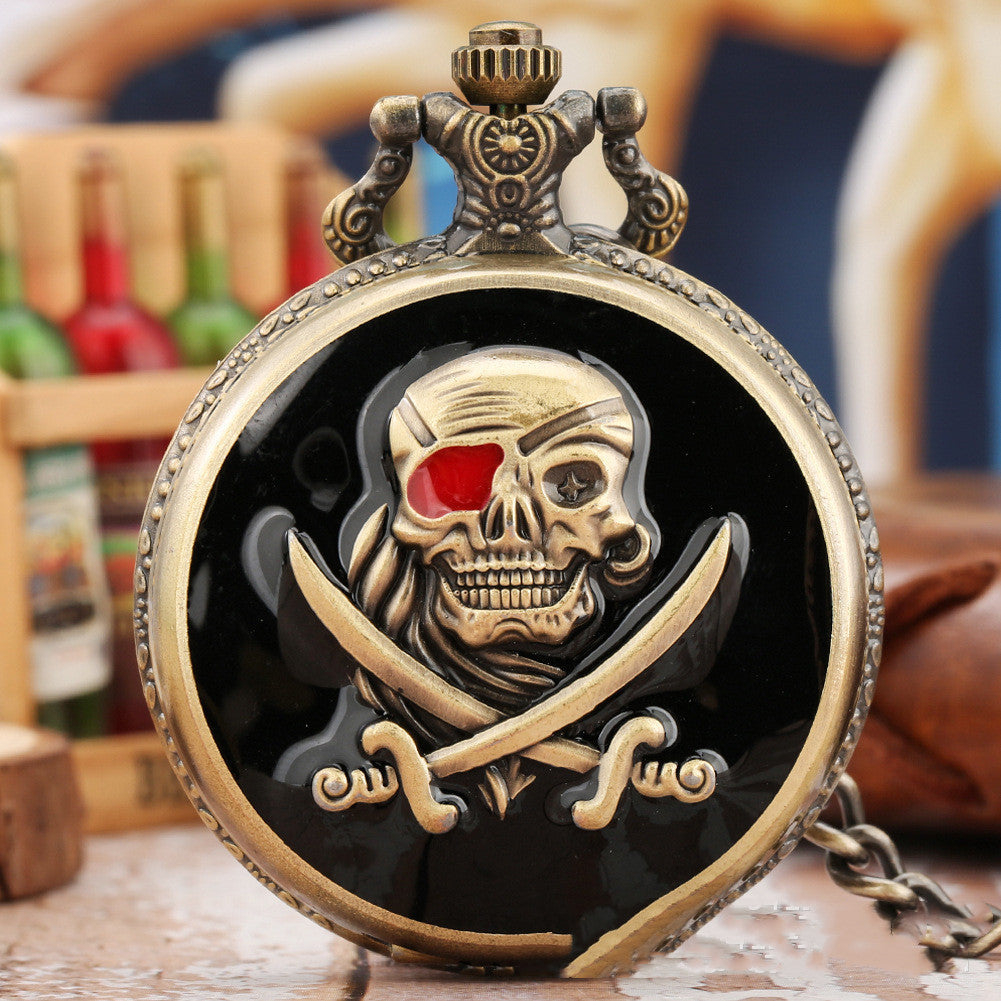 Bronze Epoxy Skull Pattern Necklace Large Pocket Watch