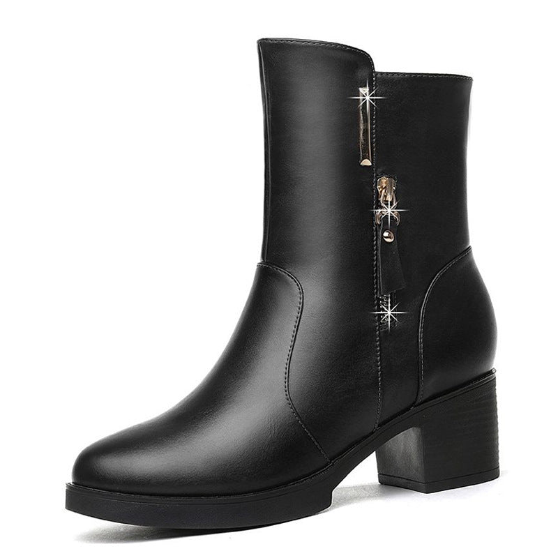 Women's mid-tube Martin boots with thick heel side zipper