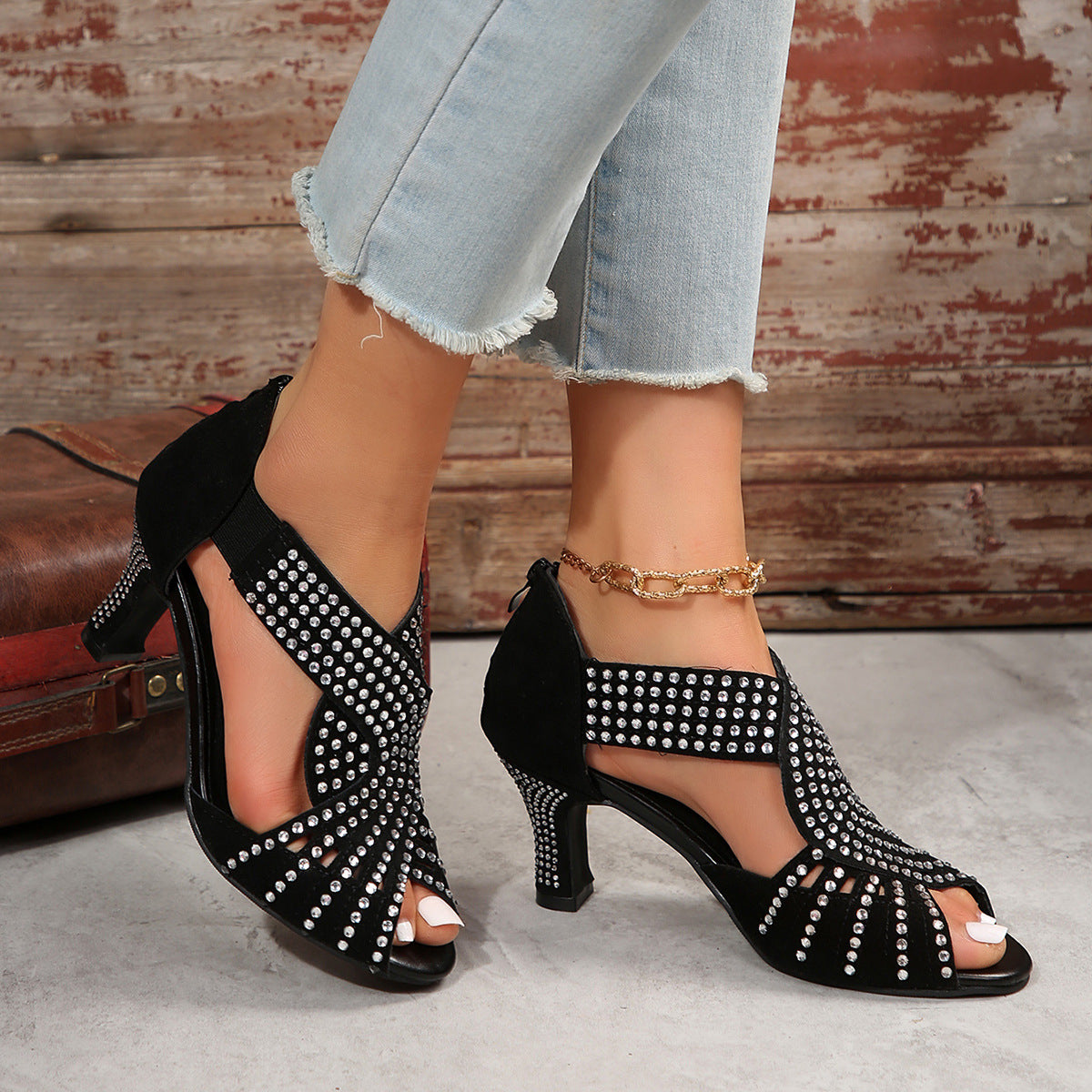 Spring And Summer New Rhinestone High-heeled Peep Toe Sandals