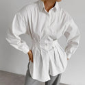 Cinched Pleated Lapel Long Sleeve Shirt