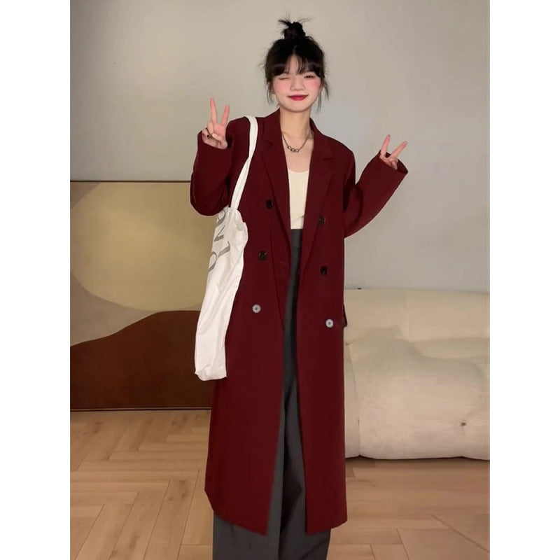 High-grade Red Mid-length Suit Woolen Coat For Women