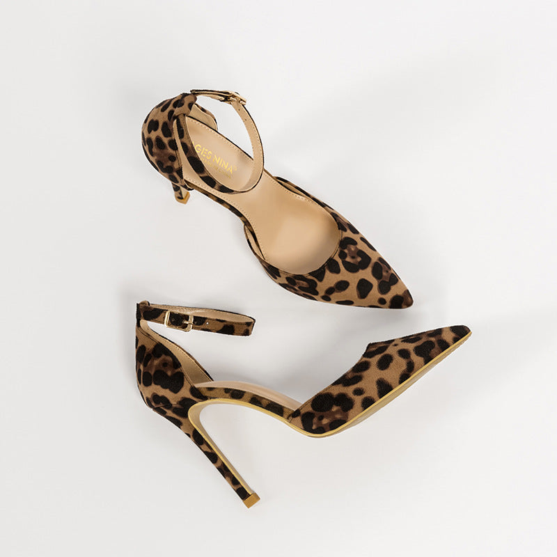 European And American Hollowed Sandals Women's Word With Pointed Toe Stiletto Leopard Print