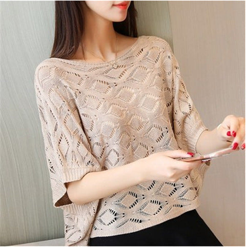 Pullover T-shirt Women Loose Openwork Knitted Top Short Sleeve Thin Blouse