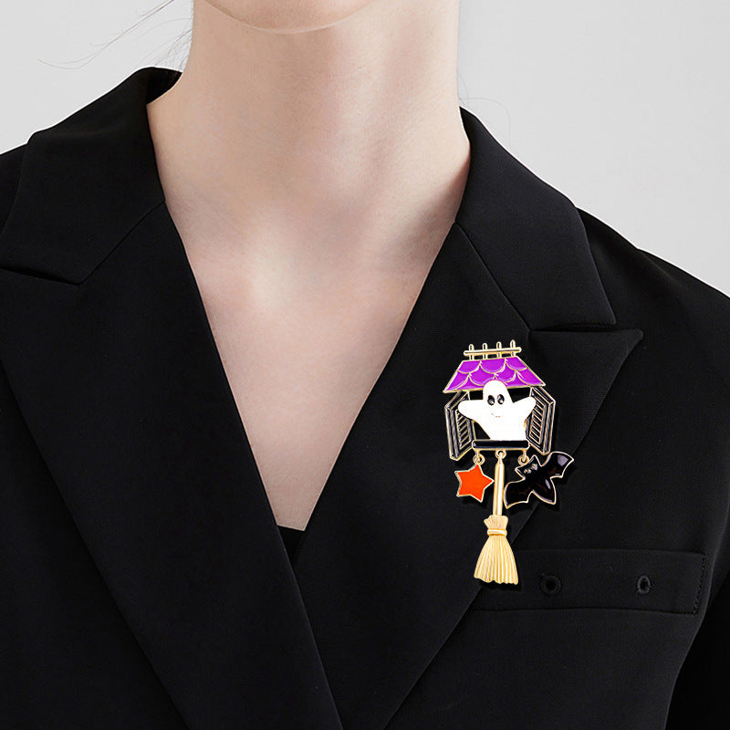 Halloween Brat Broom Pumpkin Head Cartoon Brooch