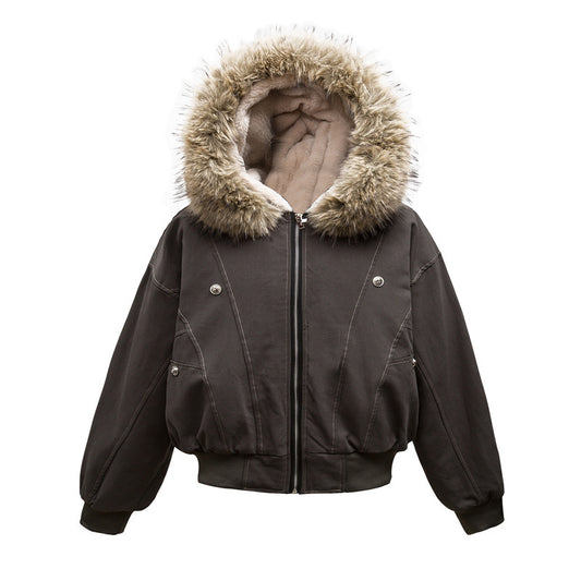 High Street Line Splicing Fur Collar Hood Cotton Coat Jacket