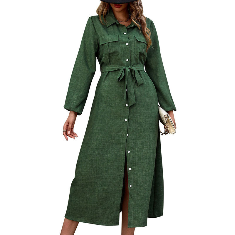 New Women Turn-down Collar Green Long Sleeve Solid Color Dress