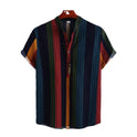 Men's Stand Collar Ethnic Style Striped Cotton-linen Shirt Fashion Casual Short Sleeve