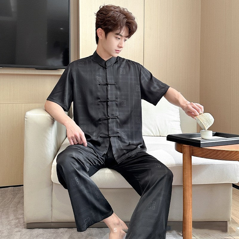 Summer Men's Pajamas Ice Silk Trousers Short Sleeve Suit