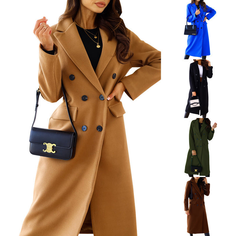 Simple Double Breasted Long Sleeve Lapel Button Woolen Coat