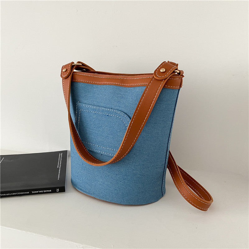 Denim Large-capacity Stitching Portable Bucket Bag