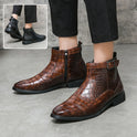 Men's Crocodile Pattern Boots Fashion Pointed Toe Low Square Heel Buckle Zipper Ankle Boots Business Formal Leather Shoes