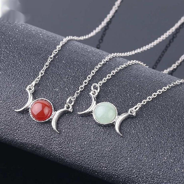 Vintage Crescent Lock Bone Moon Sun Pendant Silver Women's Natural Stone Necklace