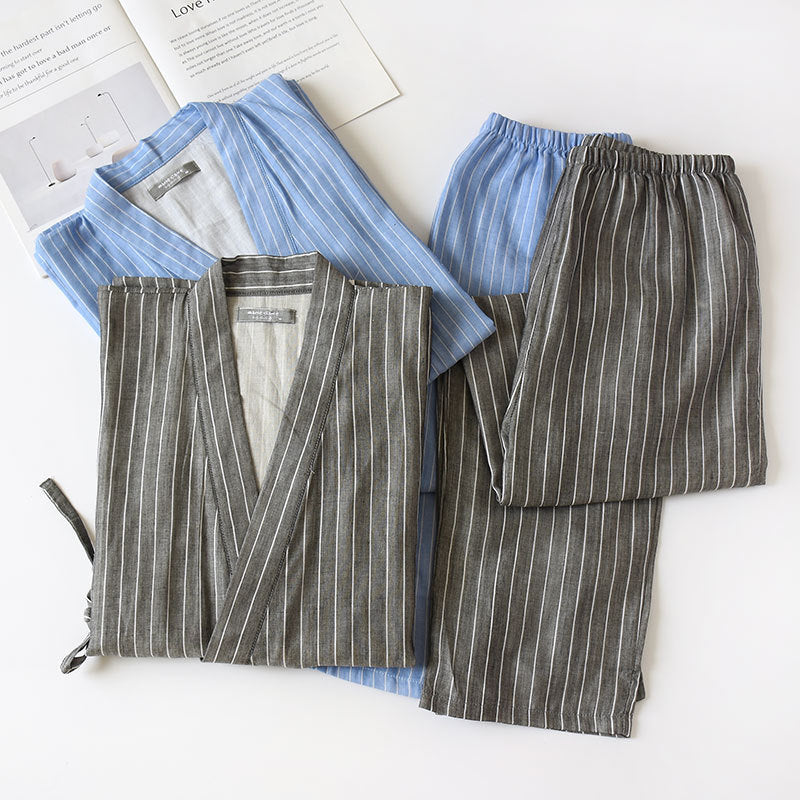 Cotton Double-layer Pajamas Striped Japanese Lace-up Suit