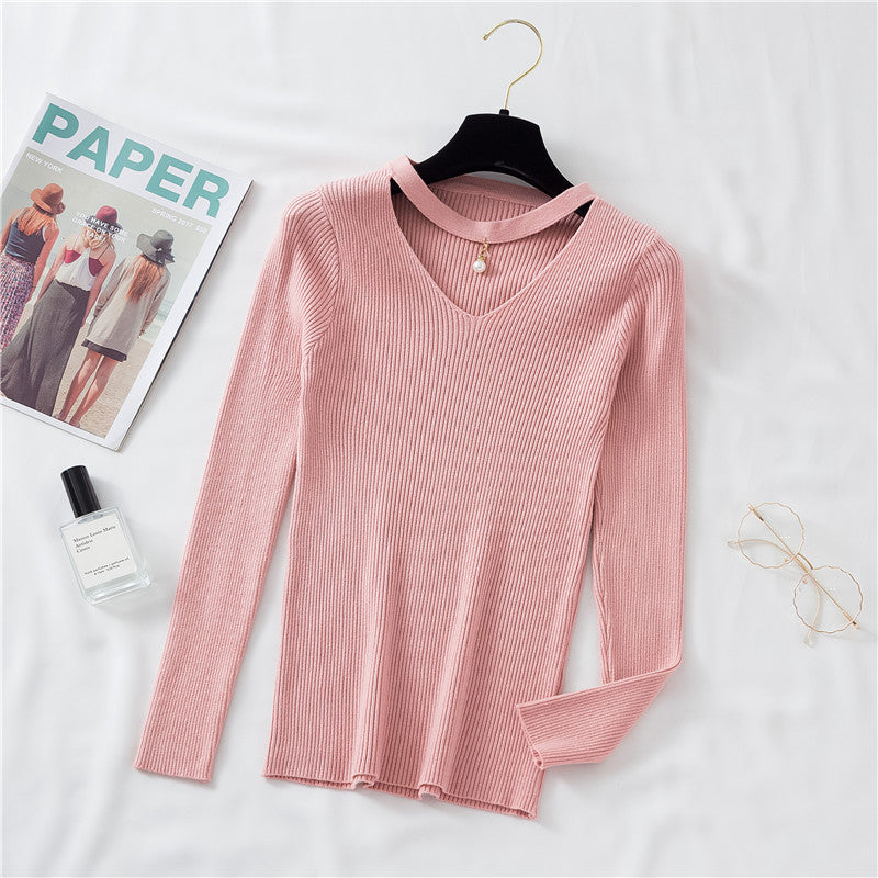 Autumn And Winter New V-neck Long-sleeved T-shirt Women Slim Slim Fashion