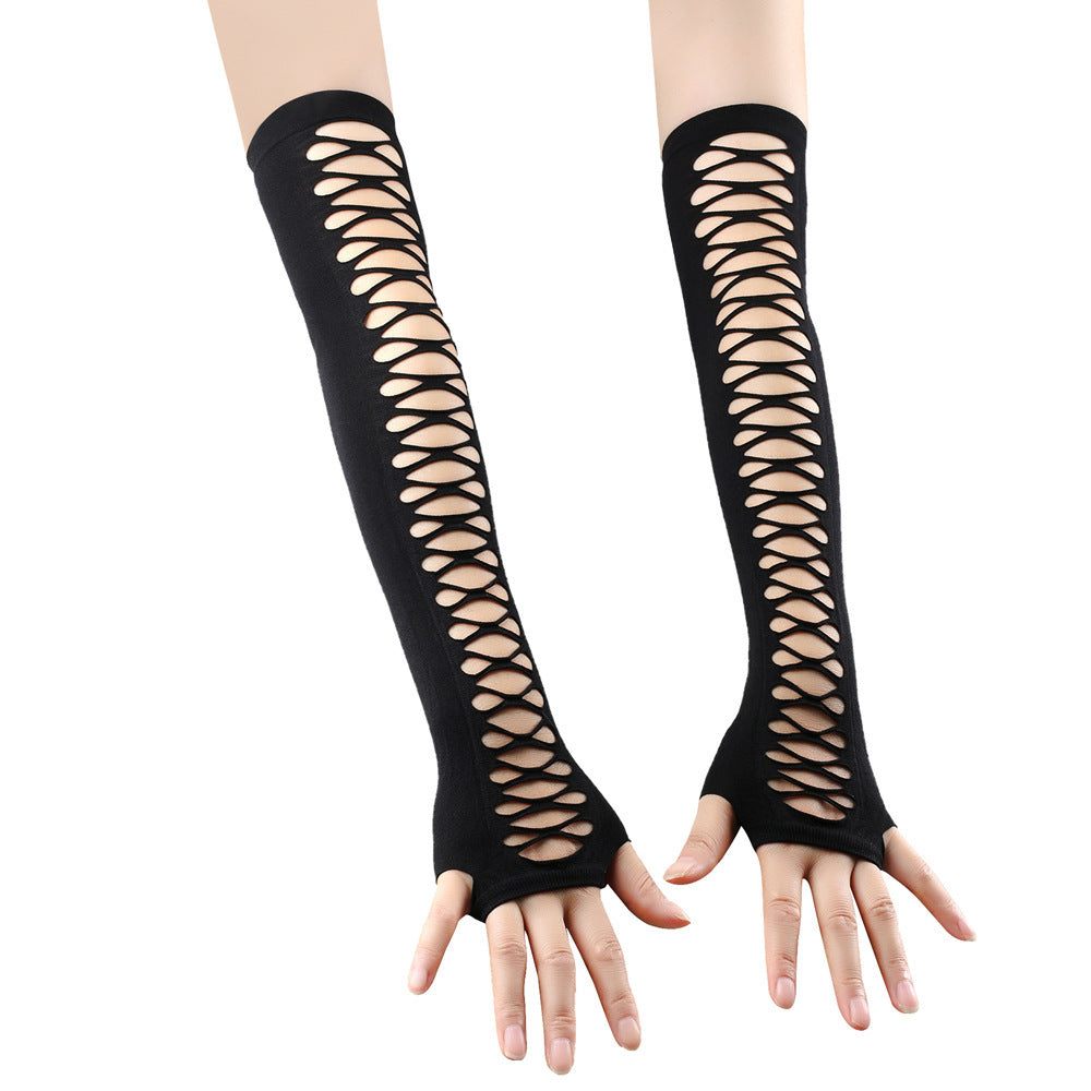 Mid-length Ripped Gloves Hollow Cross Mesh