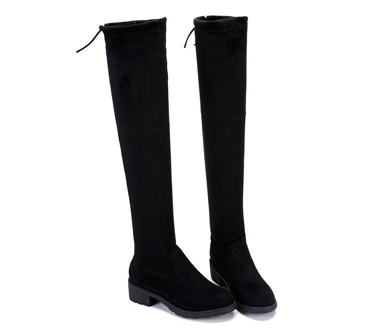 Below-the-knee Length Flat Mid Heel Stretch High Boots