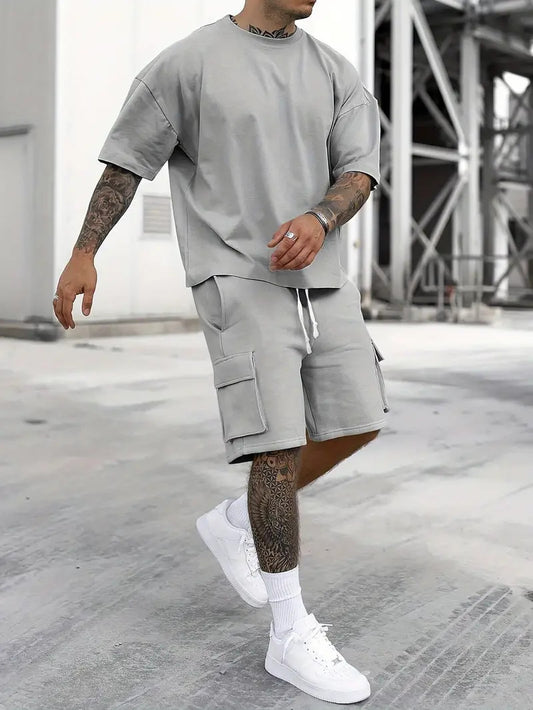 Men's Outfit, Solid Casual Loose Crew Neck Short Sleeve T-Shirt & Drawstring Shorts With Multi Pockets 2-piece Set For Summer Outdoor Activities