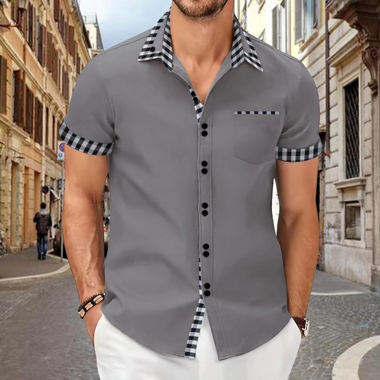 Men's Shirt Casual Pocket Stitching Contrast Color Top