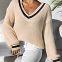 Women's Sweater Contrast Color V-neck Loose Sweater Casual