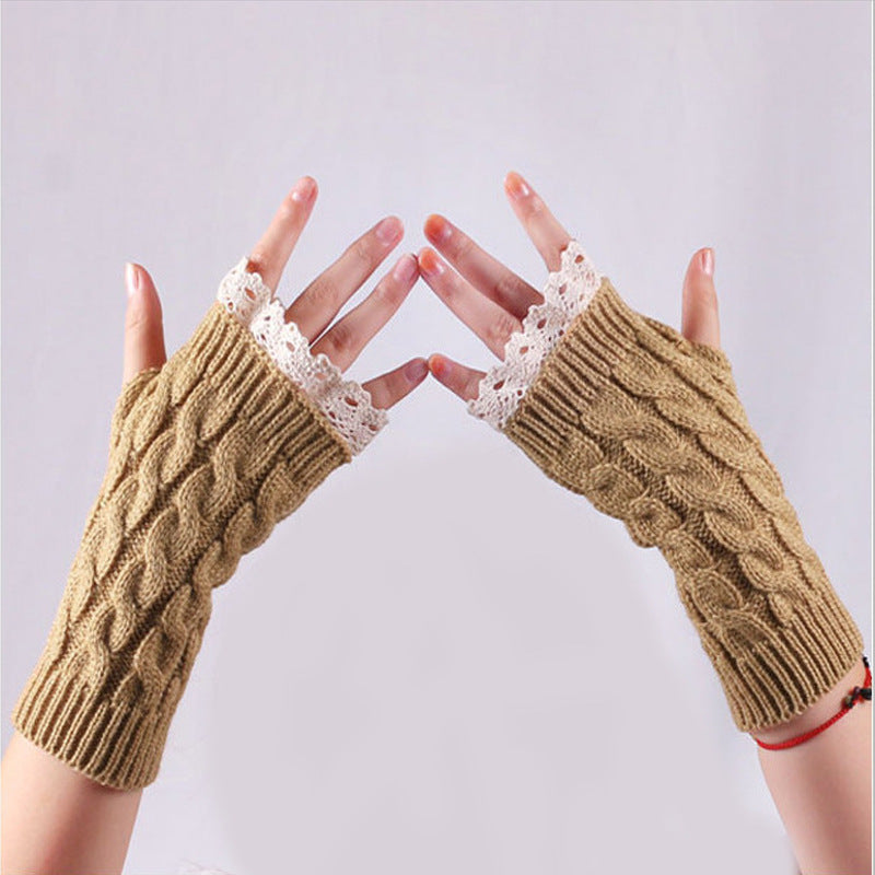 Women's Warm Lace Lengthened Knitted Half-finger Gloves