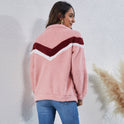 High Neck Stitching Striped Pocket Zipper Plush Jacket