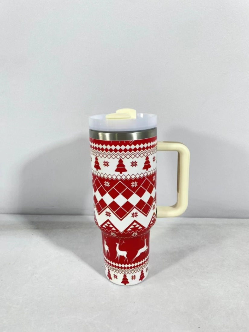 New Christmas Pattern Mug With Handle Lid Straw Drinkware Stainless Steel Vacuum Tumbler Large Capacity Car Travel Coffee Cup