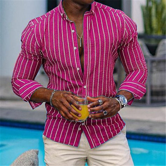 Men's Printed Four-sided Elastic Loose British-style Long-sleeved Lapel Plaid Shirt