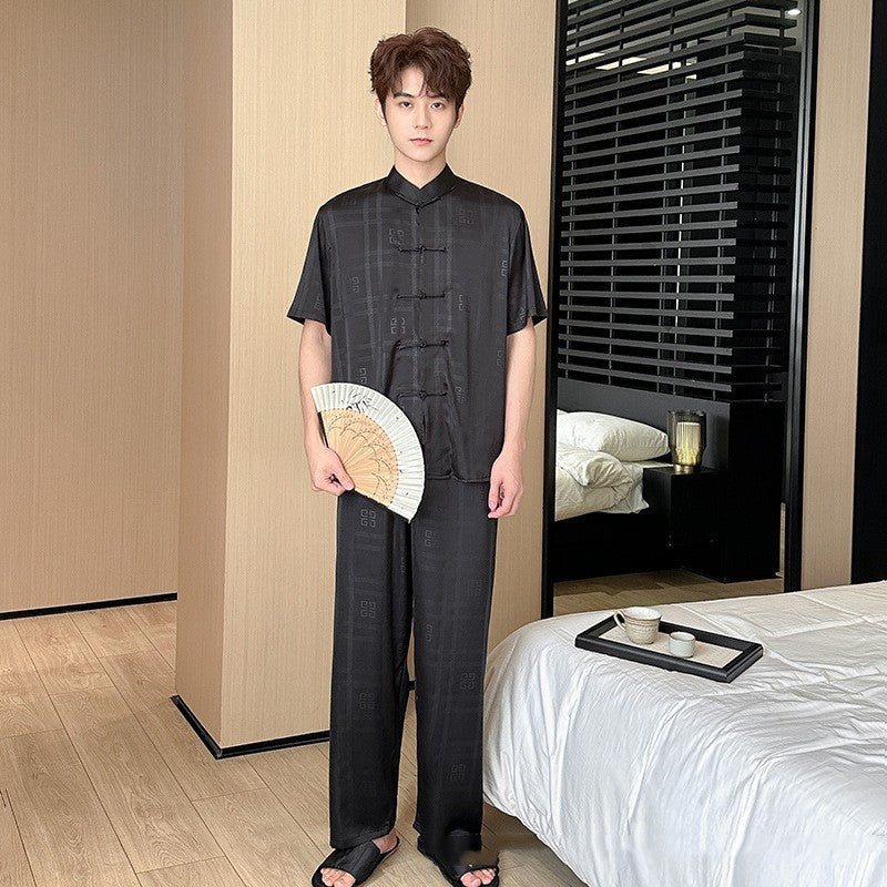 Summer Men's Pajamas Ice Silk Trousers Short Sleeve Suit