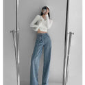 Irregular Breasted High Waist Jeans For Women Straight-leg Trousers