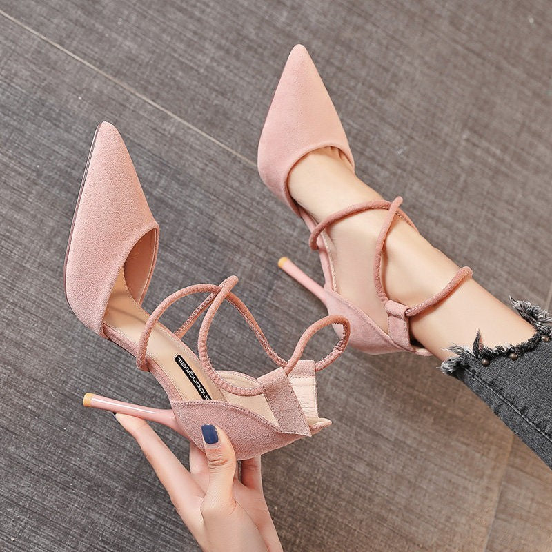 Pointed High Heel Shoes Elegant Cross Lace-up Shoes Suede