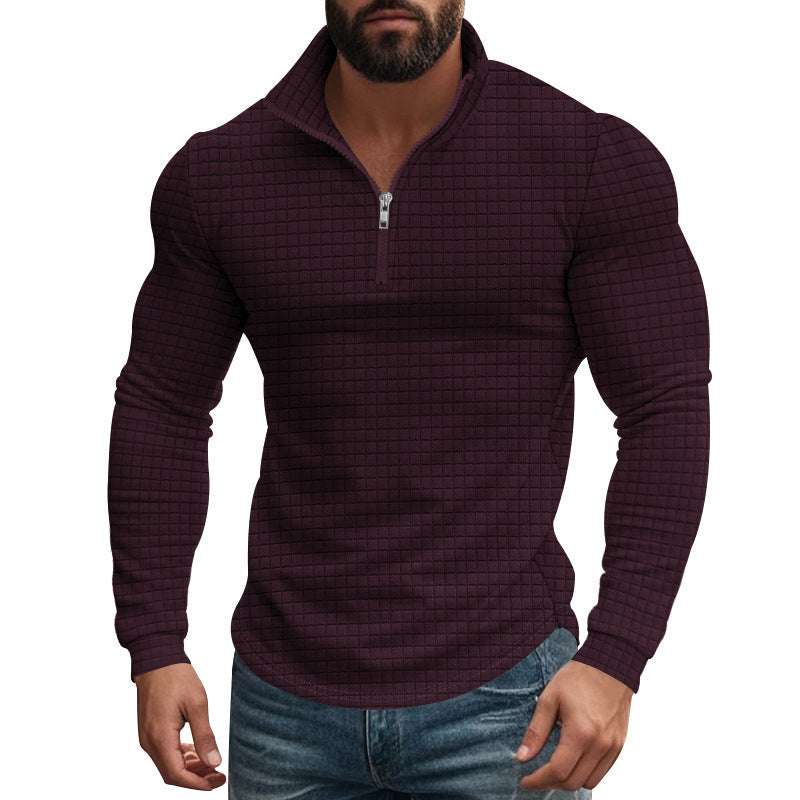 American Retro Autumn And Winter Long Sleeve Men's Half Zipper Small Plaid Casual Stand Collar Long Sleeve Sweater