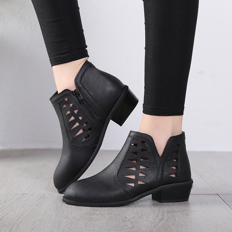 Ladies Side Zipper Hollow Thick Heel Women's Boots