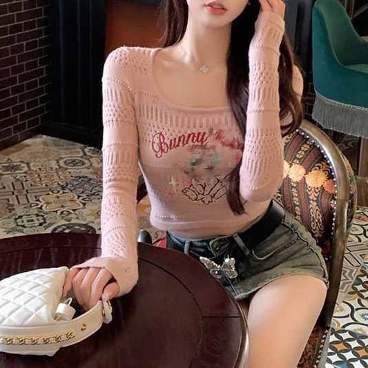 Niche Bottoming Hot Girl Hollow-out Navel Short Inner Long-sleeved Sweater