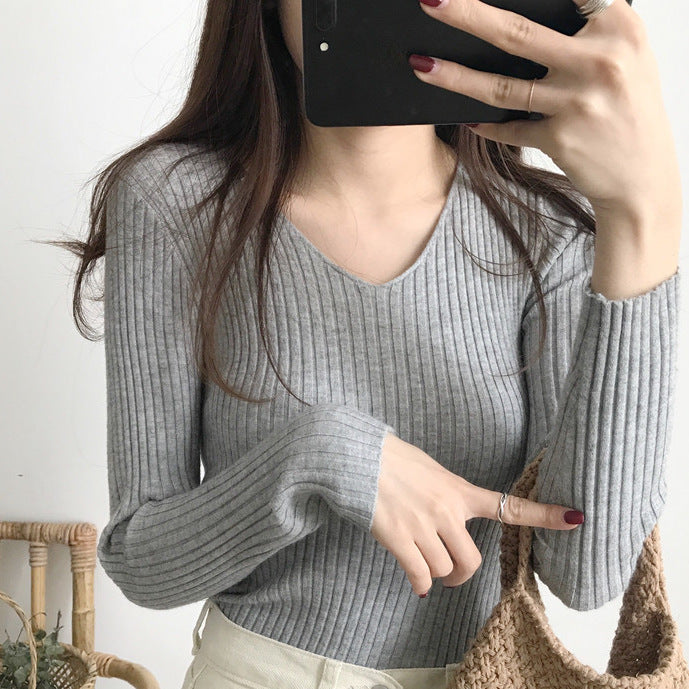 V-neck knitted long sleeve slim warm cardigan sweater