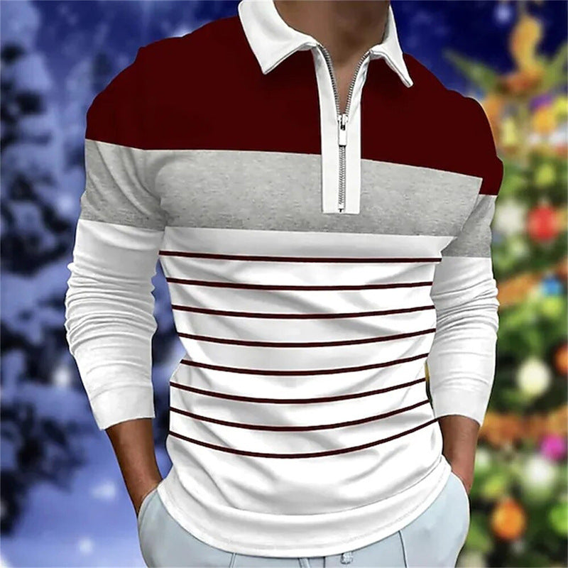 Men's Polo Shirt Long Sleeve Color Matching Zipper T-shirt Top