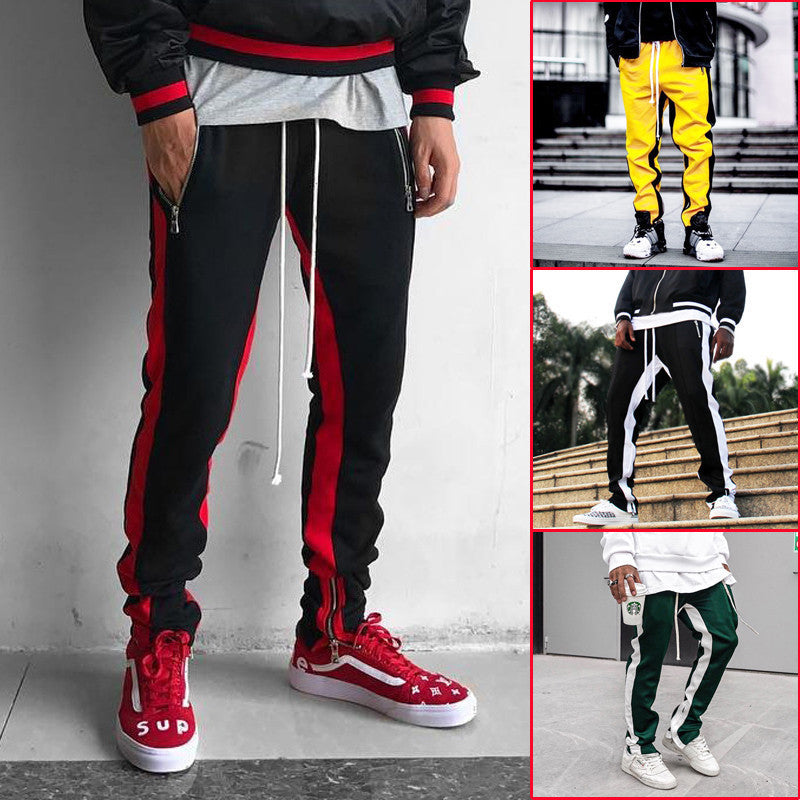 Fitness Trousers Men's Trendy Brand Zipper Pocket Stitching Sports Feet Beam Mouth Men