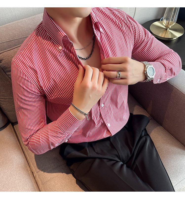 Fall Winter Men Long Sleeve Striped Shirt