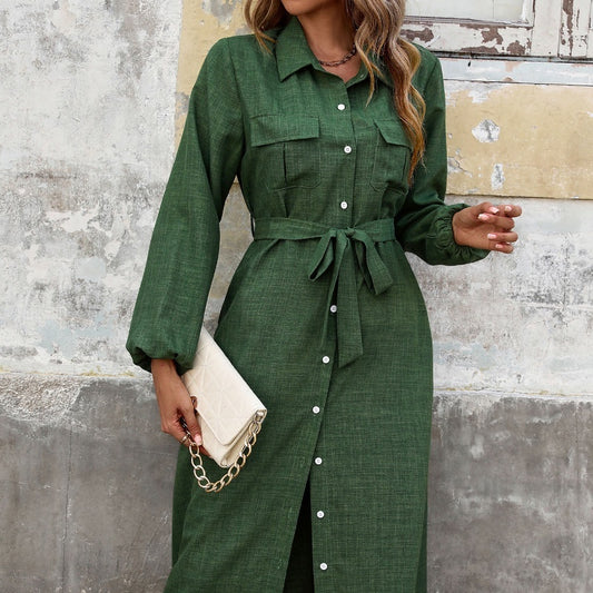 New Women Turn-down Collar Green Long Sleeve Solid Color Dress